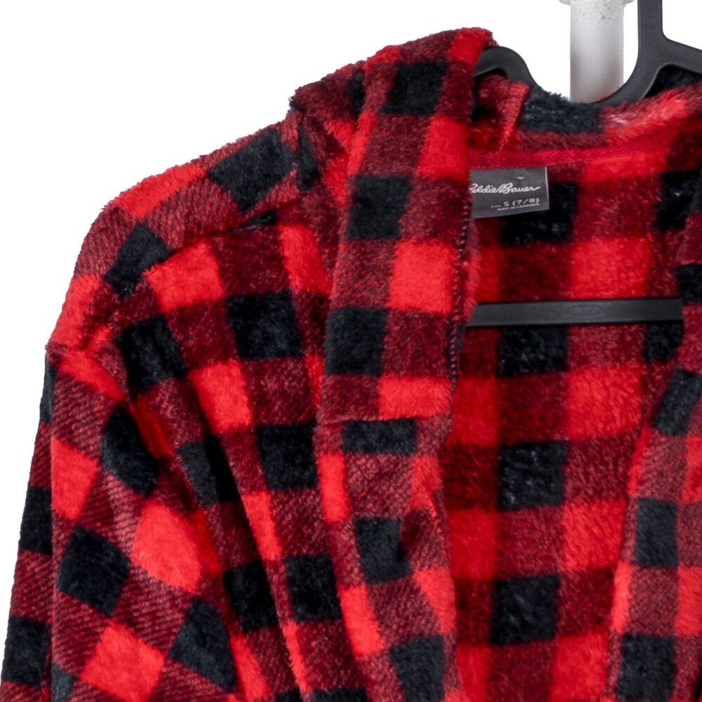 Eddie Bauer Robe S 7 8 Youth Buffalo Plaid Red Black Fleece Boys Christmas Hood - Picture 2 of 5